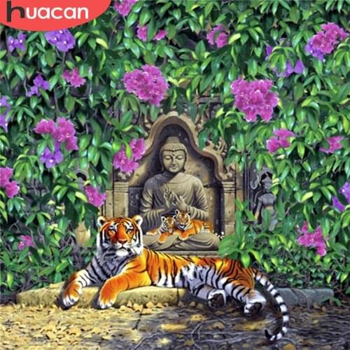 HUACAN 5d Diamond Painting Religion Buddha Rhinestones Diamond Embroidery Cross Stitch Animal Tiger Mosaic Wall Art