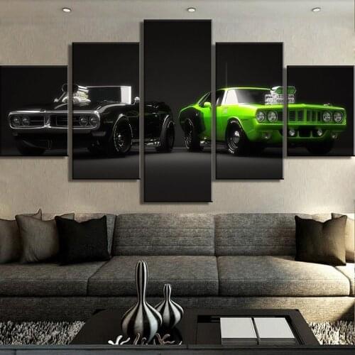 Wall Art Canvas 5 Piece HD Print Black Green Car Posters Pictures Home Decorative Framed Modern Living Room Decoration Paintings
