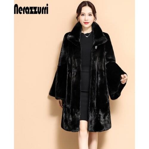 Nerazzurri Winter black pleated faux fur coat long flare sleeve stand collar Skirted soft fluffy jacket Korean Fashion 2021