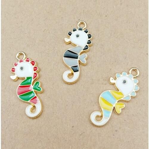 Wholesale 30pcs/Lot 25*11MM Gold Tone Plated Oil Drop Animal Sea Horse Charms Colorful DIy Jewelry Findings Enamel Pendants