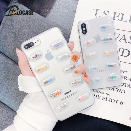 3D Cute Pills Capsules Cartoon Phone Cases For iPhone 12 11 Pro MAX XR XS MAX SE 2020 8 7 6s 6 Plus Transparent Cover Capa Funda