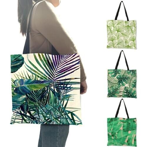 Flesh Style Women Totes Tropical Green Plant Leaves Prints Hand Bags Eco Linen Girls School Office Decorative Shoulder Bag