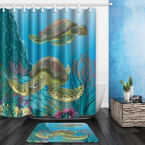 Sea Turtle Shower Curtains Set Ocean Animal Underwater World Bathroom Decor Polyester Home Bath Curtain and Flannel Mat 40x60cm