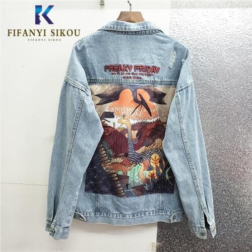 Harajuku Denim Jacket Women Vintage Embroidery Print Jeans Jacket Fashion Loose Long sleeve Washed Jeans Coat Female 2020 Spring