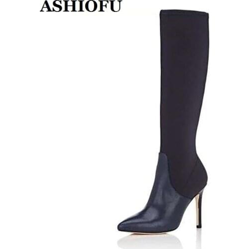 ASHIOFU Handmade Womens High Heel Knee Boots Patchwork Leather Pointy Sexy Party Prom Boots Winter Evening Fashion Boots Shoes