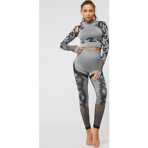 Yoga Set Fitness Clothing Camo Sports Wear For Women Gym Long Sleeve Tops Leggings Set Casual Hollow out Active Wear Woman