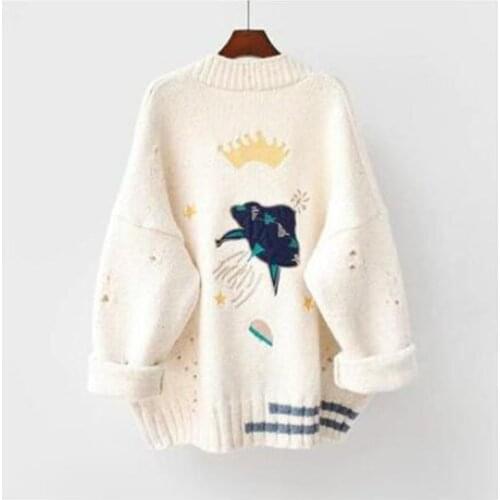 2020 Autumn Winter Women Sweater Cardigans Cartoon Embroidery Cardigans Poncho Single Breasted Knit Sweater Harajuku out Top