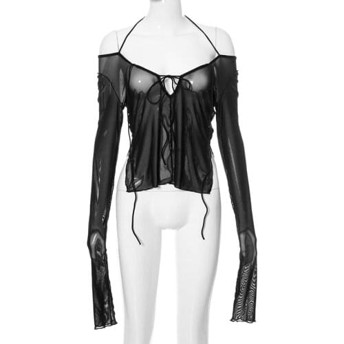 Women Cyber Y2K Tops Punk Mesh See Through T-Shirts Sexy Summer Halter Tops Lace Up Long Sleeve Patchwork Slit Hem Dark Academia