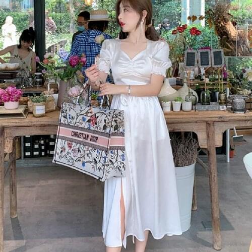Summer 2021 Runway Elegant Retro Fairy Casual Sea Beach Vacation Party Night Vestidos New Women Long White Satin Dresses