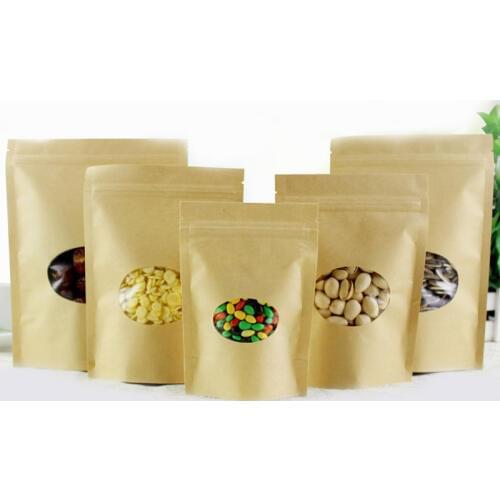 300pcs Round Brown Gift Bag Paper Kraft Bag With Window For Wedding/Candy/Tea Kraft Bags Crafts Stand Up Ziplock Packing Bag Diy