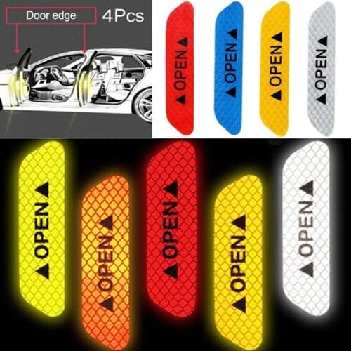 4Pcs Warning Mark Reflective Tape Car Door Sticker Decals OPEN Sign Auto Driving Safety Reflective Strips Exterior Accessories