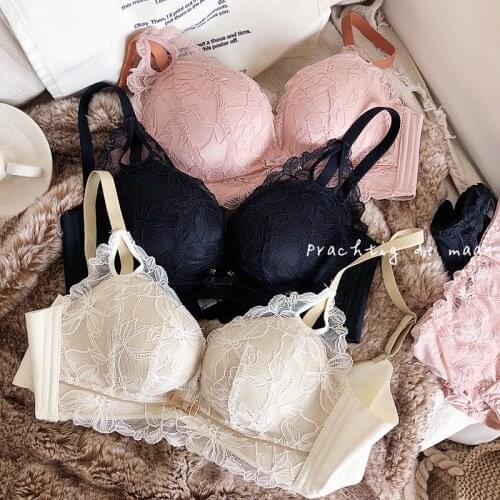 Japanese Countryside Young Girls Thick AA Cup Intimates Push Up Bra Set Women Sexy Lace Side Gather Adjustable Underwear Green