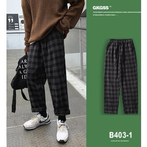 Spring Plaid Pants Mens Fashion Retro Drawstring Casual Pants Men Streetwear Wild Hip Hop Loose Straight Trousers Mens M-2XL