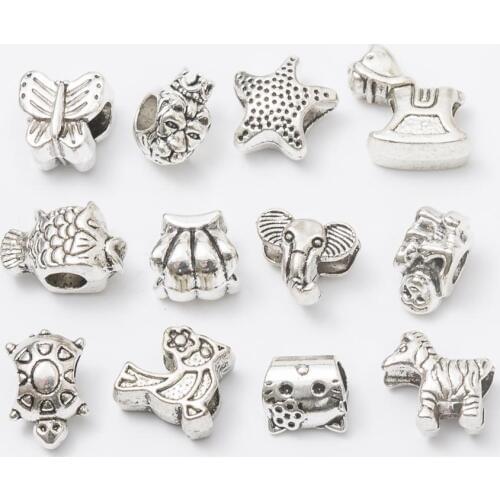 Mix 12Pcs/Lot animal Antique Silver Color DIY Zinc alloy Big Hole Spacer Bead Charm Fits Jewelry making Bracelet js1151