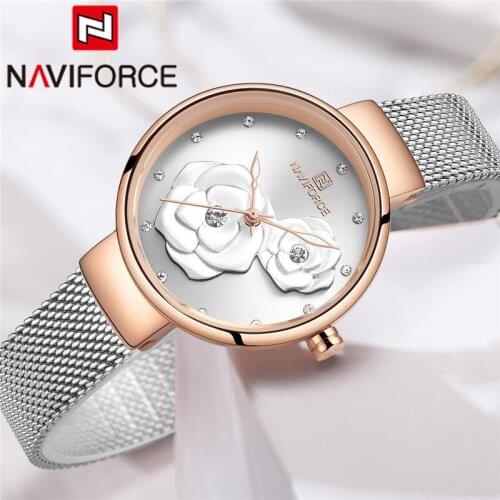 NAVIFORCE 3D Pattern Flower Quartz Watch Women Watches Luxury Steel Mesh Charming Analog Girl Clock Relogio Feminino 2020