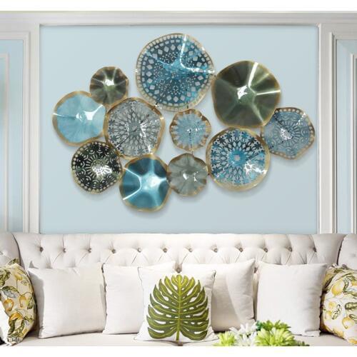 European Creative Wall Hanging Metal Round Blue Flower Ornaments Crafts Decoration 3D Stereo Home Wall Background Sofa Mural Art