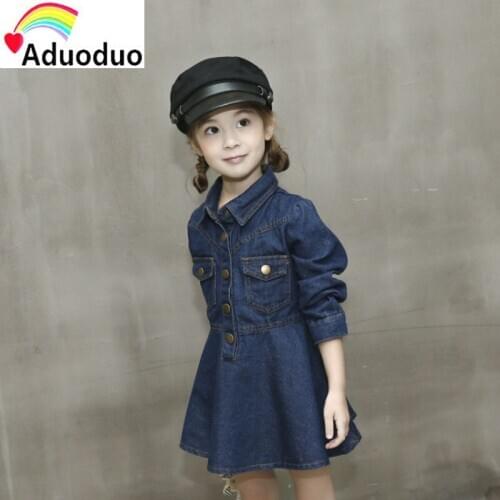 2017 Fashion dress new baby girls jeans stitching Floral Dress long sleeve draped dress Outfit TuTu for 2-6 years kid clothes