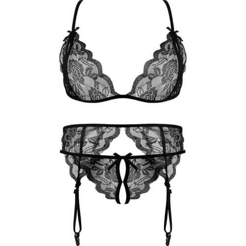 3Pcs Set Plus Size Women Open Bra + Panty + Garters + Net Stockings Sexy Lingerie Set Lace Transparent Push Up Underwear Bra Set