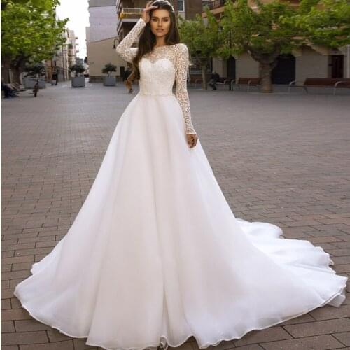 Long Sleeves Lace Bride Dress Elegant Transparent A Length Organza Summer Beach Boho Wedding Dresses