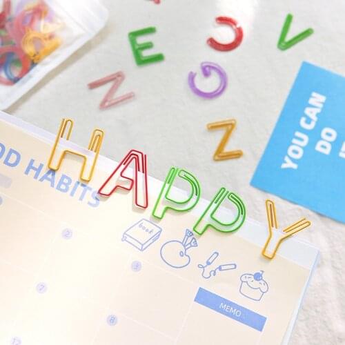 26 pcs/pack cute alphabet Paper Clips Kawaii Stationery Metal Clear Binder Clips Photos Tickets Notes Letter paper clip H0586