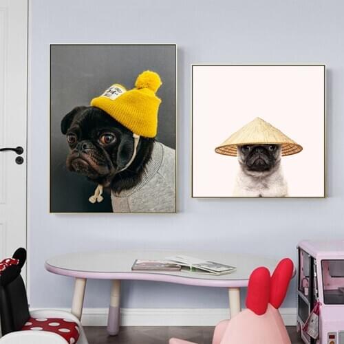 Fashion Pug Dog With Hat Funny Animal Posters and Prints Cute Room Decor Canvas Painting Indie Aesthetic Wall Art HomeDecoration