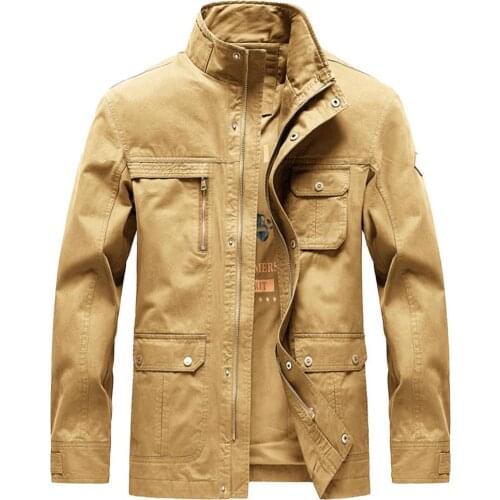 Men Jacket Solid Color Stand Collar Men Multi Pockets Zipper Loose Coat Fashion Casual Stylish Overcoat Autumn Winter