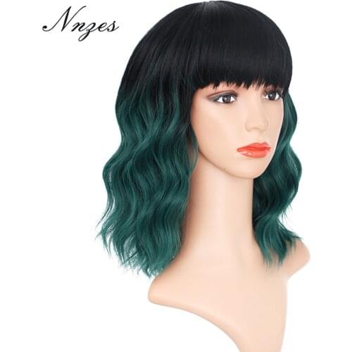 AISI HAIR 14inches Natural Wave Ombre Black Green Short Wig With Bangs Synthetic Wigs for Black Women Heat Resistant Fiber