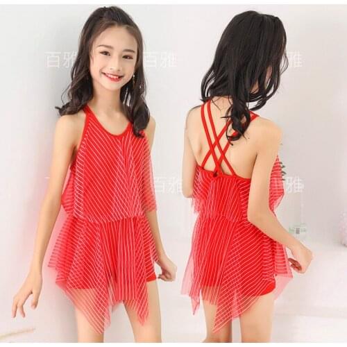 2020 new childrens swimwear 65-90 kg big childrens one-piece striped skirt beach swimwear Suitable for cute girls swimming