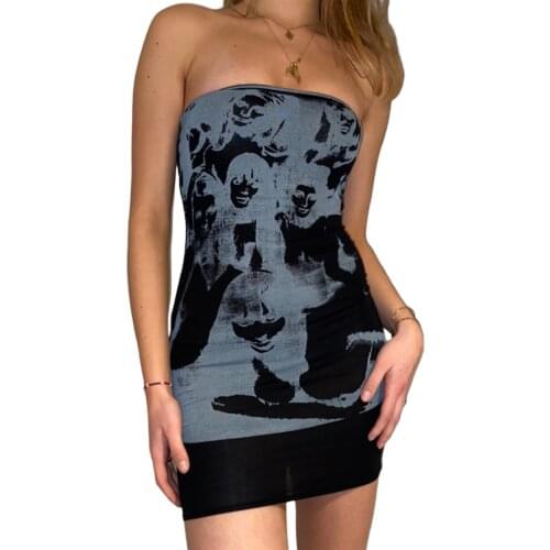 2021 New Women Summer Dress Human Face Print Spaghetti Strap/Off-Shoulder Sleeveless Tight Skirt for Girls Black Slim Sexy