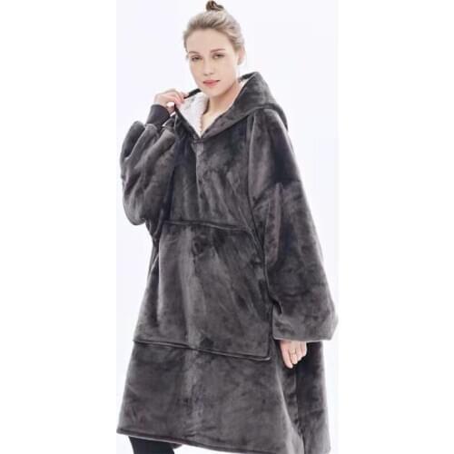 Solid Color Gray TV Blanket with Sleeves Women Oversize Warm Hoodie Blanket Flannel Wearable Blanket with Pocket