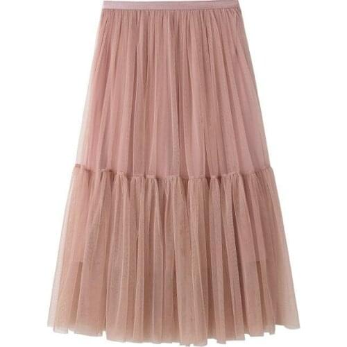 Autumn Fluffy Long Skirt Womens Spring And Summer High Waist Splicing Pleated Mesh Skirts Womens