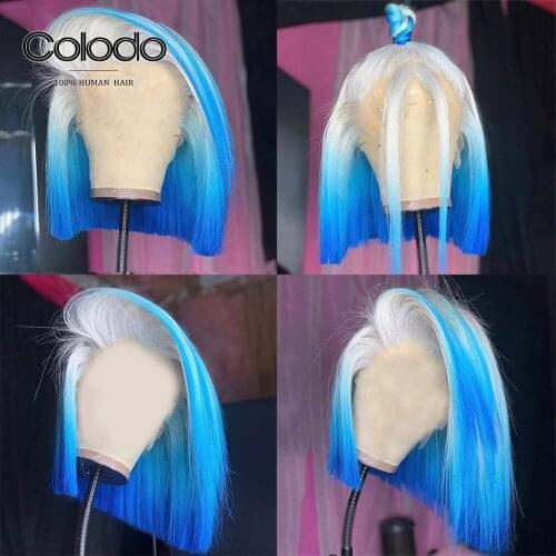 Blue Pink Ombre Bob Wig PrePlucked 13x6 Lace Front Wig with Baby Hair Transparent HD Lace Front Human Hair Wigs for Women COLODO