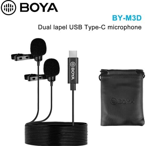 BOYA BY-M3D Dual Lavalier Microphone Omnidirectional Digital Clip-on Lapel Mic 6 Meter for USB Type-C Smartphone iPad Pro Mac PC