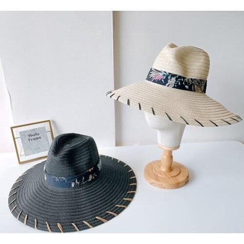 Retro Womens Summer Hat National Style Ribbon Sun Protection Cap Female Flat Top Big Wide Brim Hat Straw Hat Beach Hat Sun Hats