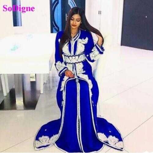 SoDigne Moroccan Caftans Formal Evening Dress Long Sleeve Dubai Evening Gowns Velour Party Dress with Embroidery