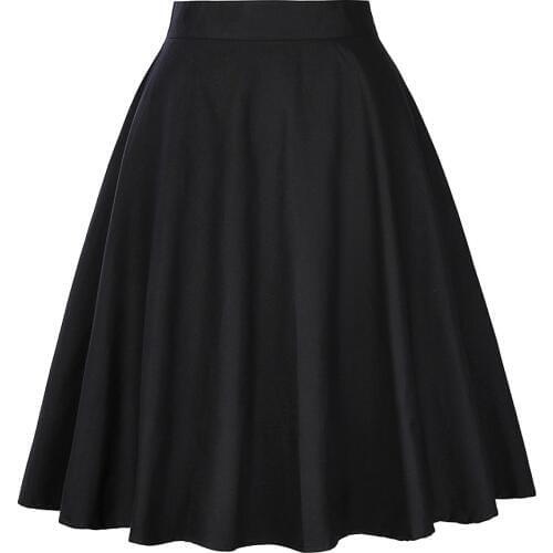 2021 Summer Black Skirt A-line Short Flare Skirts Womens Knee Length 40s 50s 60s Vintage High Waist School Cotton Women Skirt