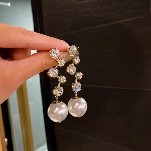 Sparkling Zircon Big Pearl Earrings For Women 2021 New Design Elegant Jewelry Korean Long Drop Earings bijoux Wholesale