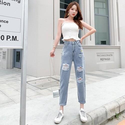 Women Embroidered Daisy Ripped Jeans Women Loose Cropped Trousers Summer Thin Female Denim High Waist Straight Wide Leg Pants