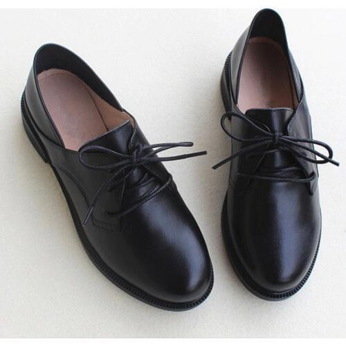 Women Shoes Black lace up Women Oxford Shoes Genuine Leather Ladies Flat Shoes Spring Female Footwear (8007-1)