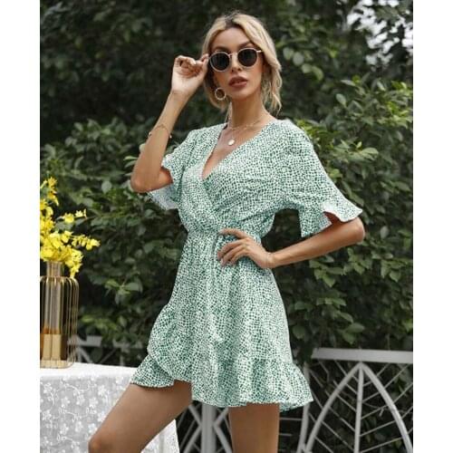 Sexy V Neck Women Dresses Summer 2021 Floral Print Boho Beach Party And Wedding Dress Ruffle Short Sleeve A Line Mini Dress