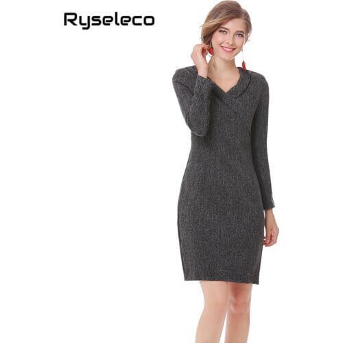 Office Lady Brand New Elegant Casual Formal OL Pencil Dress Women Slim Vintage V-neck Long Sleeve Work Basic Shift Bodycon Dress