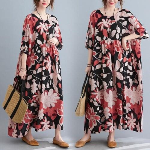 Boho Office Ladies Loose O-neck Dress Women 2021 Literary Simple Korean Elegant Bottoming Casual Flower Print Holiday Dresses