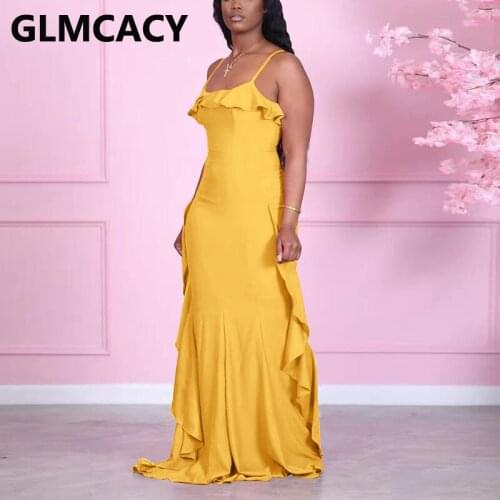 Women Spaghetti Strap Ruffle Design Maxi Dress