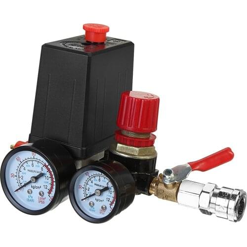 240V Air Compressor Pump Pressure Switch Manifold Regulator Air Pump Control Valve 120 PSI with Gauges Quick Connector