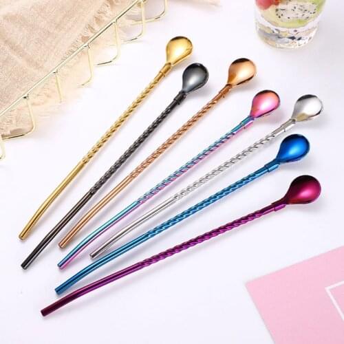 7pcs Stainless Steel Long Twisted Straw Spoon Stirring Scoop Reusable Coffee Drink Cocktail Mixing Teaspoon Bar Accessories 85DA