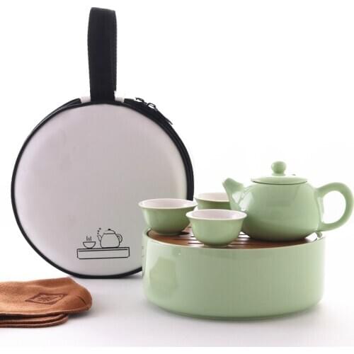 Japanese style ceramic travel tea set household simple portable bag Kungfu outdoor 1 pot 3 cups tea plate tray