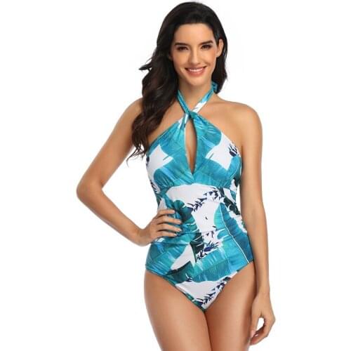 Maillot De Bain 1 Piece Femme Leaves Printed Sexy Slimming Women One Piece Swimwear 2021 Summer Solid Halter Bathing Suit Swim