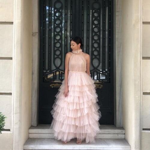 Cute Casual Pink Women Dress Halter Backless Ruffles Layered Tulle Anke Length A-Line Classic Dress Custom Made
