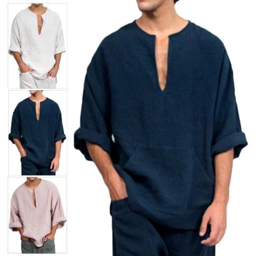 Men Casual Beach Solid Color V Neck Flare Long Sleeve Cotton Top Shirt Blouse