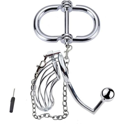 Male Handcuffs Cock Cage Penis Ring Chasity Urethral Lock Anal Plug Hook Hand Restraint BDSM Adult Game Couple Sex Toys for Men